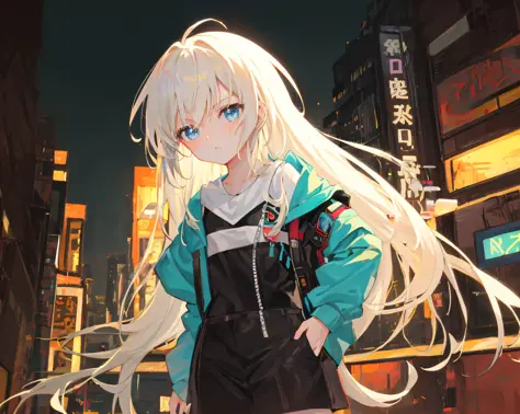 anime girl with long white hair and blue eyes in a city, anime style 4 k, digital cyberpunk anime art, anime art wallpaper 8 k, ...