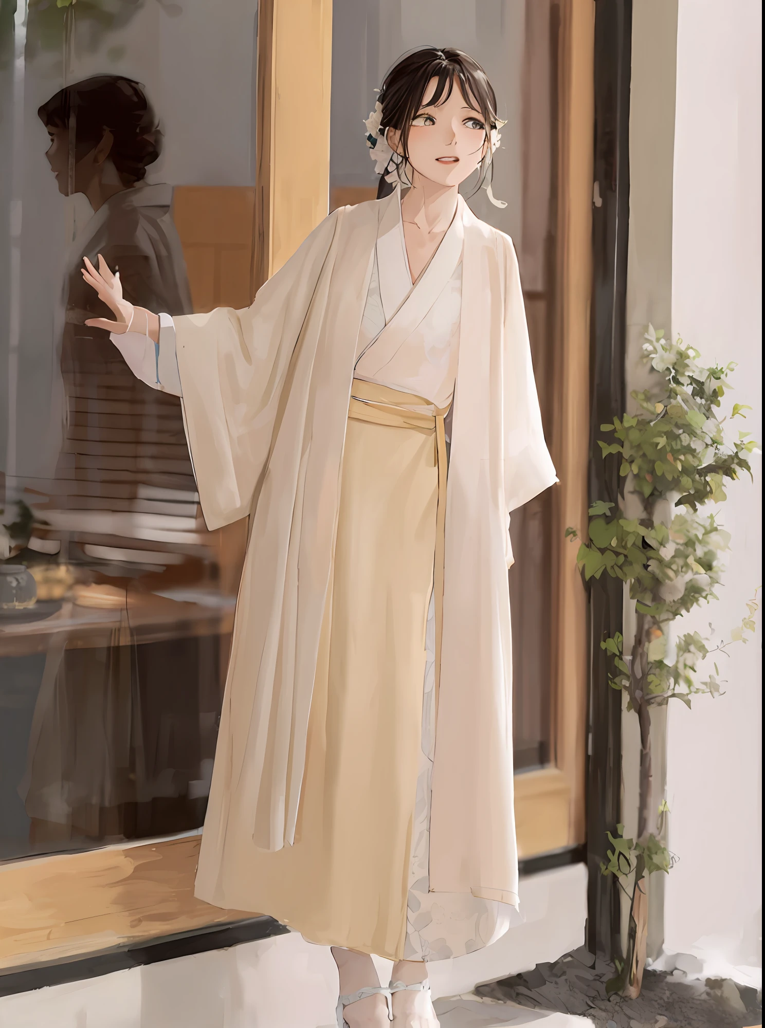흰색 기모노를 입고 건물 밖에 서 있는 아라페 여성, white 한푸, 간단한 가운을 입고, wearing a long 흐르는 가운, 한푸, 창백한 색의 기모노, 흐르는 마법의 로브, 간단한 가운을 입고, 길고 아름답게 흐르는 기모노, 흐르는 가운s, 흐르는 가운, 흐르는 머리카락과 긴 가운, wearing 흐르는 가운s, 일본 옷, 길게 흐르는 흰색 가운