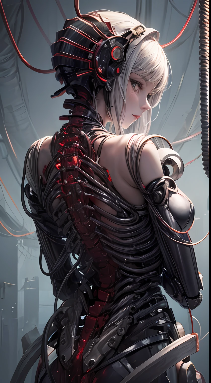 (((Masterpiece))), ((Best Quality)), (Super Detail), (CG Illustration), (Very Evil and Beautiful)), Cinematic Light, ((1 Mechanical Girl)), Single, (Mechanical Art: 1.4), ((Mechanical limb)), (Blood vessel attached to a tube), ((Mechanical spine attached to the back)), ((Mechanical cervical vertebrae attached to the neck), (Back to the viewer)), expressionless, ( Wires and cables attached to the head and body: 1.5), Science Fiction, Apocalypse, Ruins, (Lower Body Integrated with Mechanical Devices), (Blood: 1.5), Cruelty, Absurdity, Eroticism, Fusion with Machines, Doomsday Time, Super Future, Inorganic, Laboratory, Restraint, (Beautiful Indulgence: 1.2), (1 Girl: 1.3), Body Wrapped Around Mechanical Tentacles