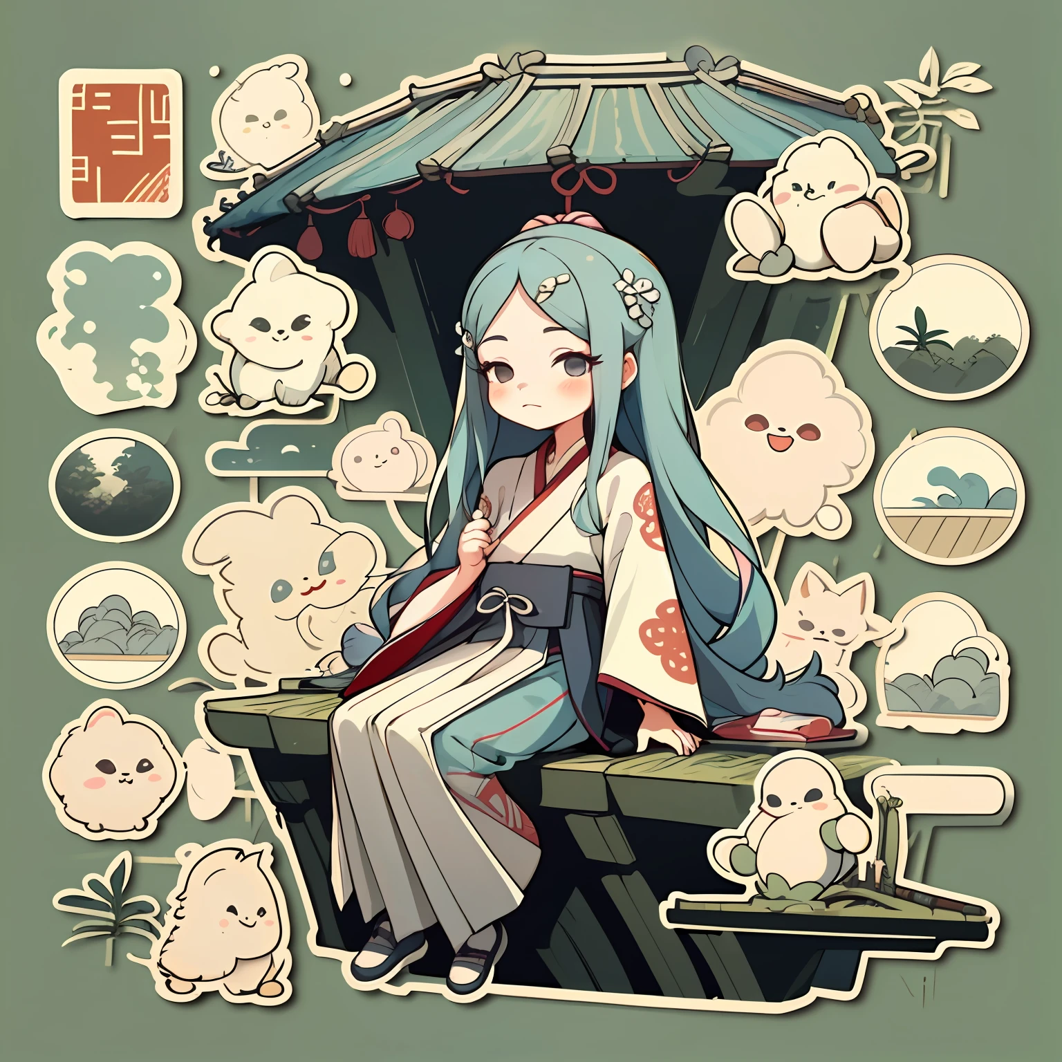 1 sticker, handbook, (sticker, 1 girl, Chinese Ming Dynasty clothes, gorgeous collar top, pleated long skirt, hanfu, embroidery, hairpin, bamboo, moss, pavilion), watercolor, white background, simple background, minimal, cute, tiny, pastel color, vector style, no gradient,