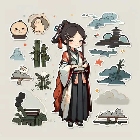 1 sticker, handbook, (sticker, 1 girl, Chinese Ming Dynasty clothes, gorgeous collar top, pleated long skirt, hanfu, embroidery, hairpin, bamboo, moss, pavilion), watercolor, white background, simple background, minimal, cute, tiny, pastel color, vector st...
