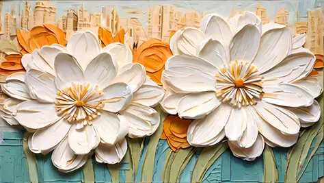 Above is the yellow city below is the blue wall background with two white flowers, oil painting relief, detailed Imbusto, detailed Imbustow brush strokes, oil painting relief, layered paper art, layered painting, paper quilting, paper plastic art, paper ch...