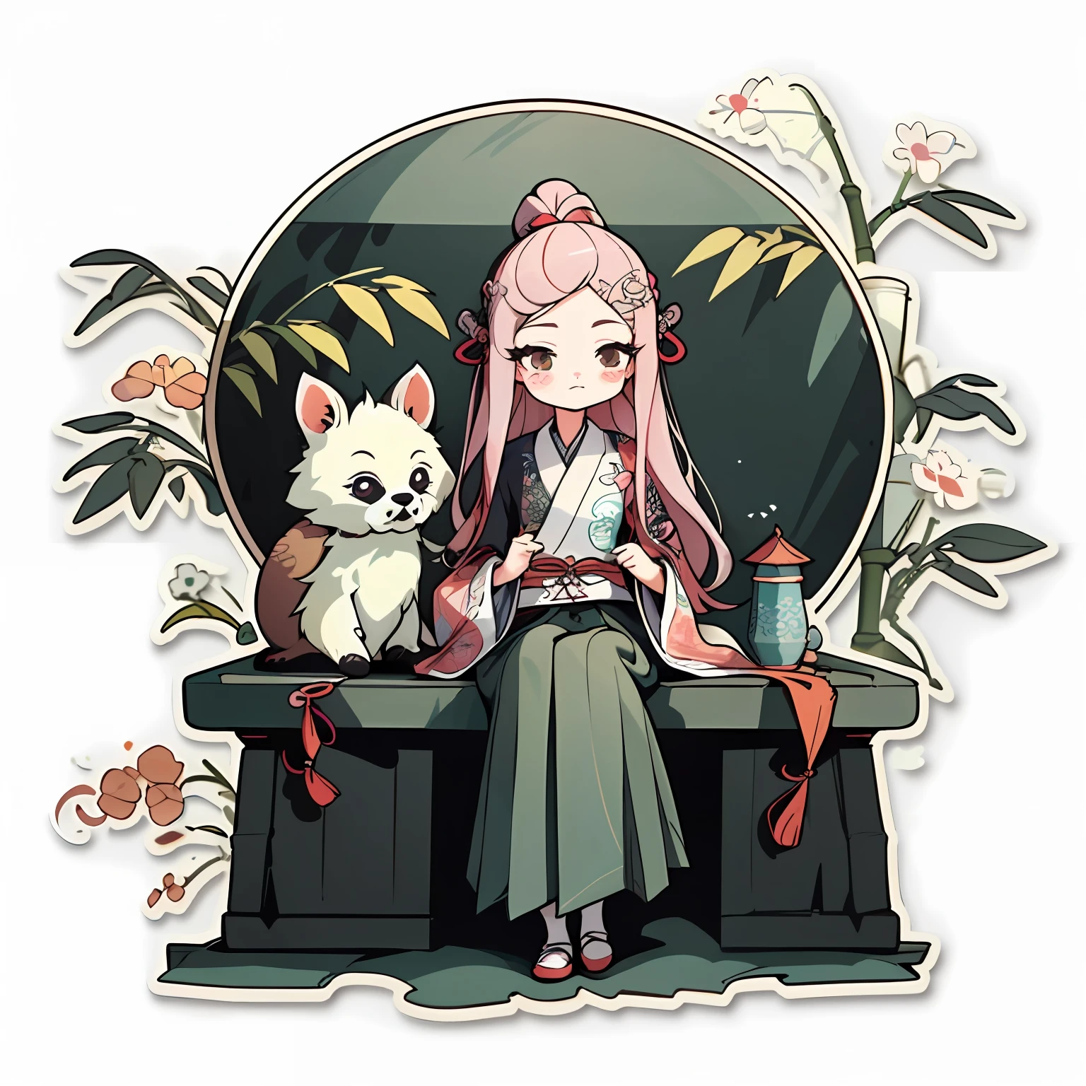 1 sticker, handbook, (sticker, 1 girl, Chinese Ming dynasty clothes, gorgeous collar top, pleated long skirt, hanfu, embroidery, hairpin, bamboo, moss, pavilion, parts split), watercolor, white background, simple background, minimal, cute, tiny, pastel color, vector style, no gradient,