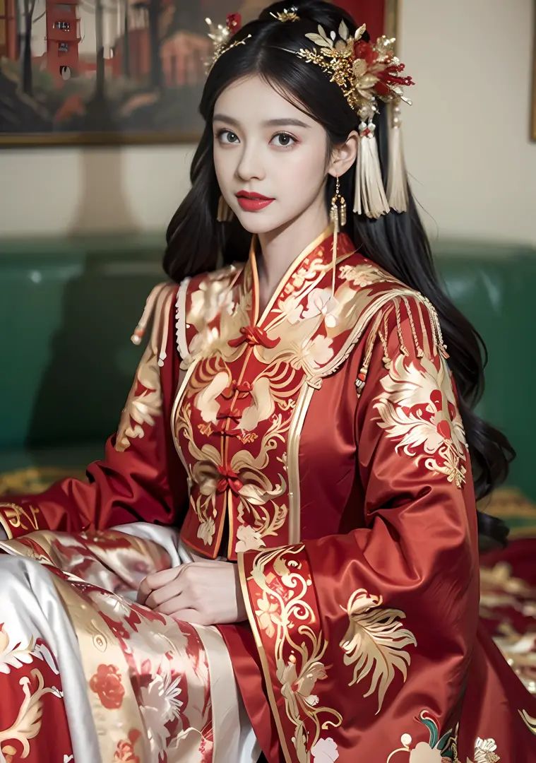 (Ultra-realistic 8k CG: 1.2), perfect artwork, delicate patterns, intricate details, (unparalleled masterpiece, best quality: 1.2), (extremely complex: 1.2), a woman in a red and gold dress, phoenix crown, hair stick, (sitting on a red bed), makeup, blush,...