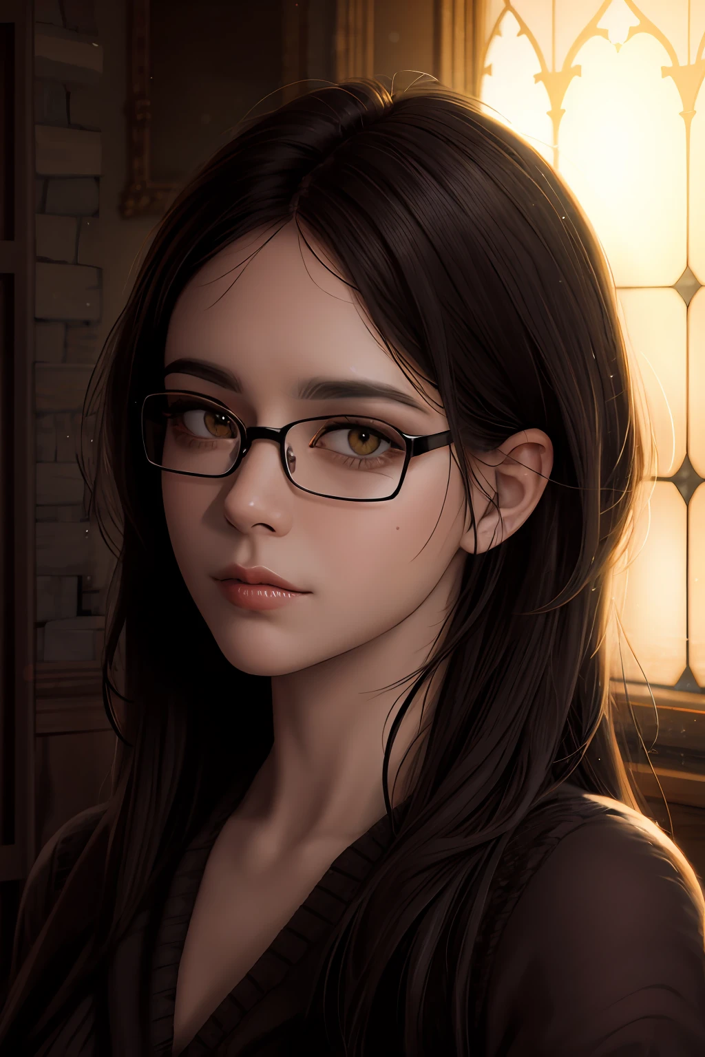 Masterpiece, Best Quality, High Quality, HD, High Quality Textures, High Quality Shadows, High Detail, Realistic, Cinematic Light, Side Light, Lens Flare, Ray Tracing, Sharp Focus, Glasses, Kind and Peaceful, Dressed in Black Sweater, Background is a simple and crisp interior scene, facing the lens