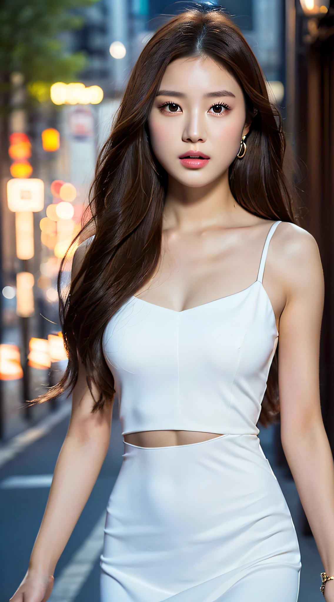 ((Realistic lighting, Best quality, 8K, Masterpiece: 1.3)), Clear focus: 1.2, 1girl, Perfect Body Beauty: 1.4, Slim Abs: 1.1, ((Dark brown hair)), (White dress: 1.4), (Outdoor 1.1), City Street Night View, Super Fine Face, Fine Eyes, Double Eyelids