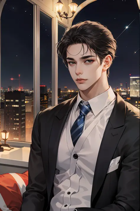 (absurd, hi-res, ultra-detailed), (male one, solo, tall rather muscular man, handsome), short hair, black hair, pomade, brown eyes, (angular chin: 1.4, thick neck: 1.4, thick eyebrows: 1.4), rest, night, dark, night view of the city from a large window, fo...