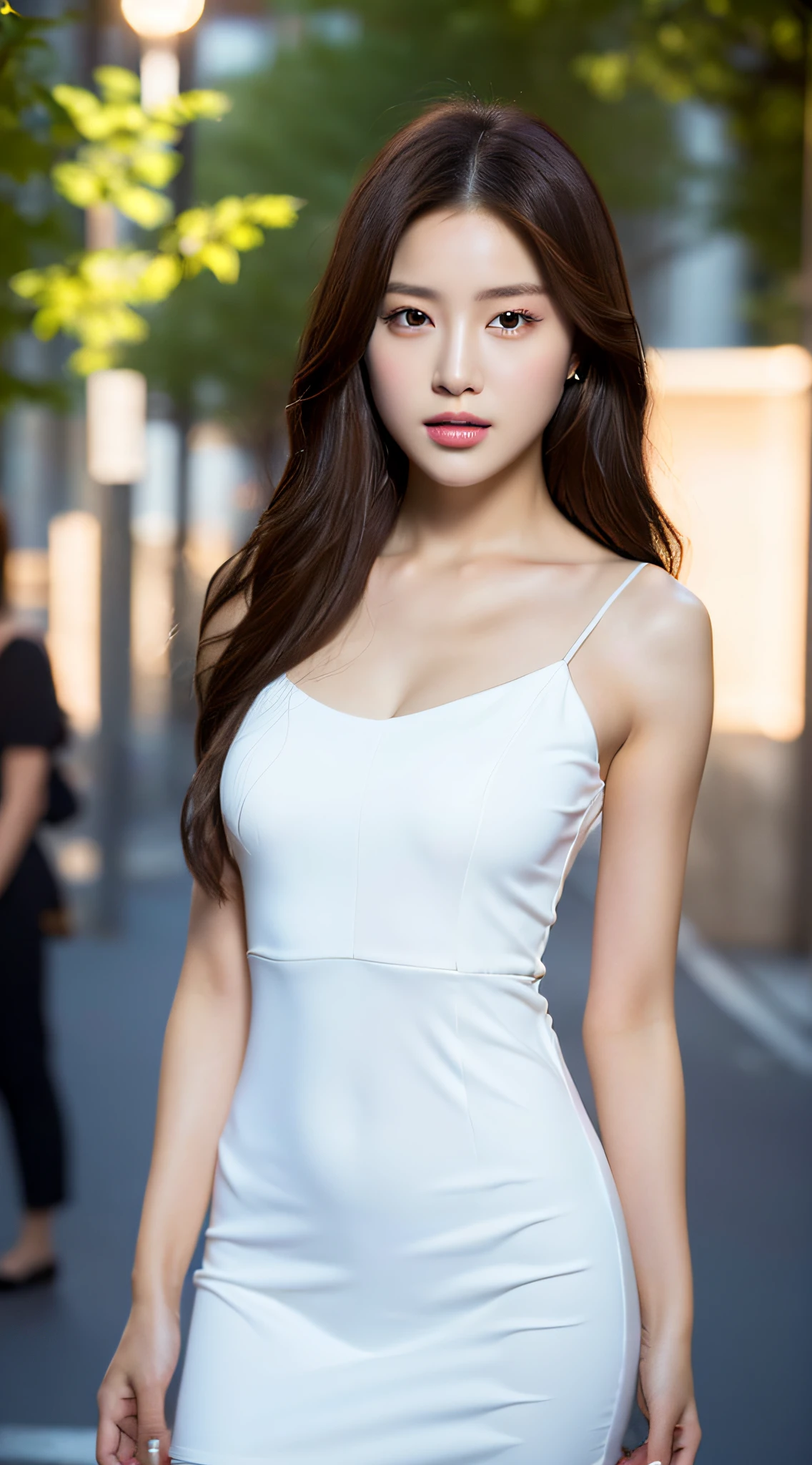 ((Realistic lighting, Best quality, 8K, Masterpiece: 1.3)), Clear focus: 1.2, 1girl, Perfect Body Beauty: 1.4, Slim Abs: 1.1, ((Dark brown hair)), (White dress: 1.4), (Outdoor 1.1), City Street Night View, Super Fine Face, Fine Eyes, Double Eyelids