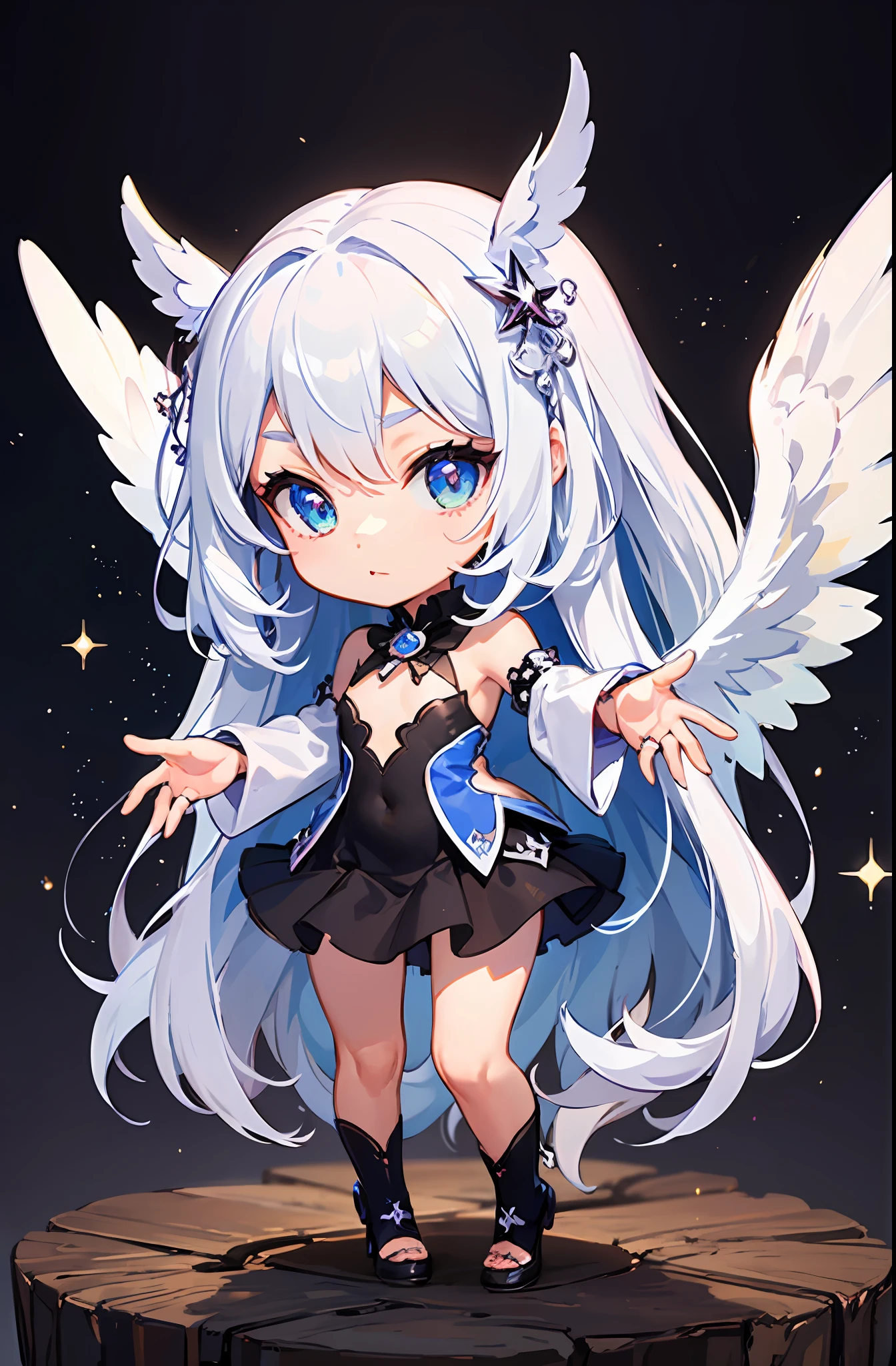 (Chibi: 1.2), (Masterpiece: 1.4), (Best Quality: 1.4), (Very Cute Angel Girl, Super Detailed Face, Jewel-like Eyes, White Very Long Hair, Colorful Gradient Hair: 1.4), (Angel Ring:
1.4), (Angel Wings: 1.4), (Full Body, Perfect 2 Arms, Perfect 2 Legs: 1.4), (Perfect 4 Fingers: 1 Thumb), Light, Shine, Bokeh, Super Fine, Big