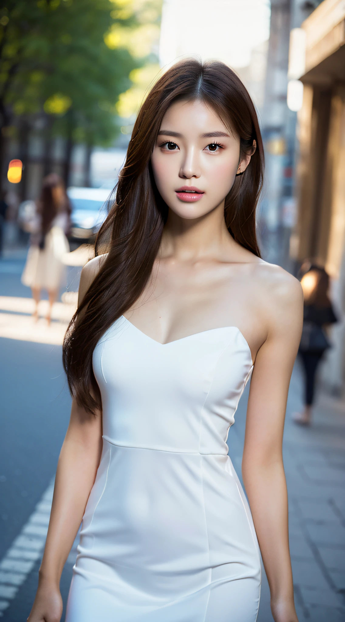 ((Realistic lighting, Best quality, 8K, Masterpiece: 1.3)), Clear focus: 1.2, 1girl, Perfect Body Beauty: 1.4, Slim Abs: 1.1, ((Dark brown hair)), (White dress: 1.4), (Outdoor 1.1), City Street Night View, Super Fine Face, Fine Eyes, Double Eyelids