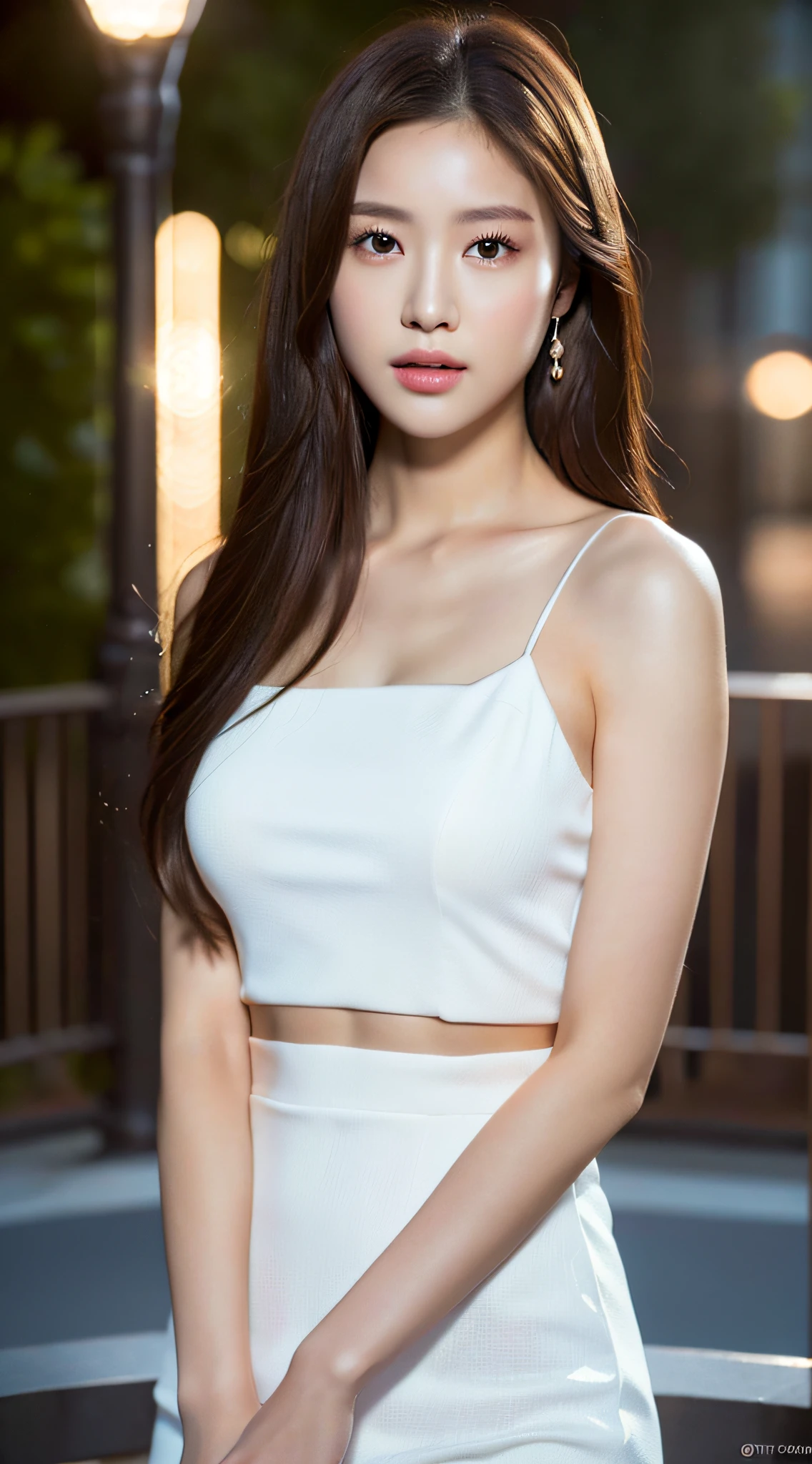 ((Realistic lighting, Best quality, 8K, Masterpiece: 1.3)), Clear focus: 1.2, 1girl, Perfect Figure: 1.4, Slim Abs: 1.1, ((Dark brown hair)), (White dress: 1.4), (Outdoor 1.1), City Night View, Super Fine Face, Fine Eyes, Double Eyelids