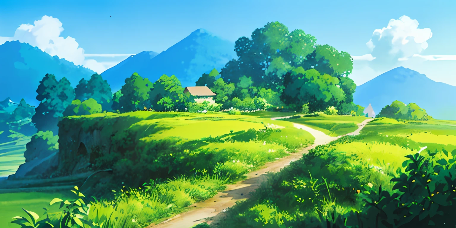 illustration in cartoon style of a beautiful landscape with rice fields, a  small village and mountains on a sunny day 29785079 Stock Photo at Vecteezy