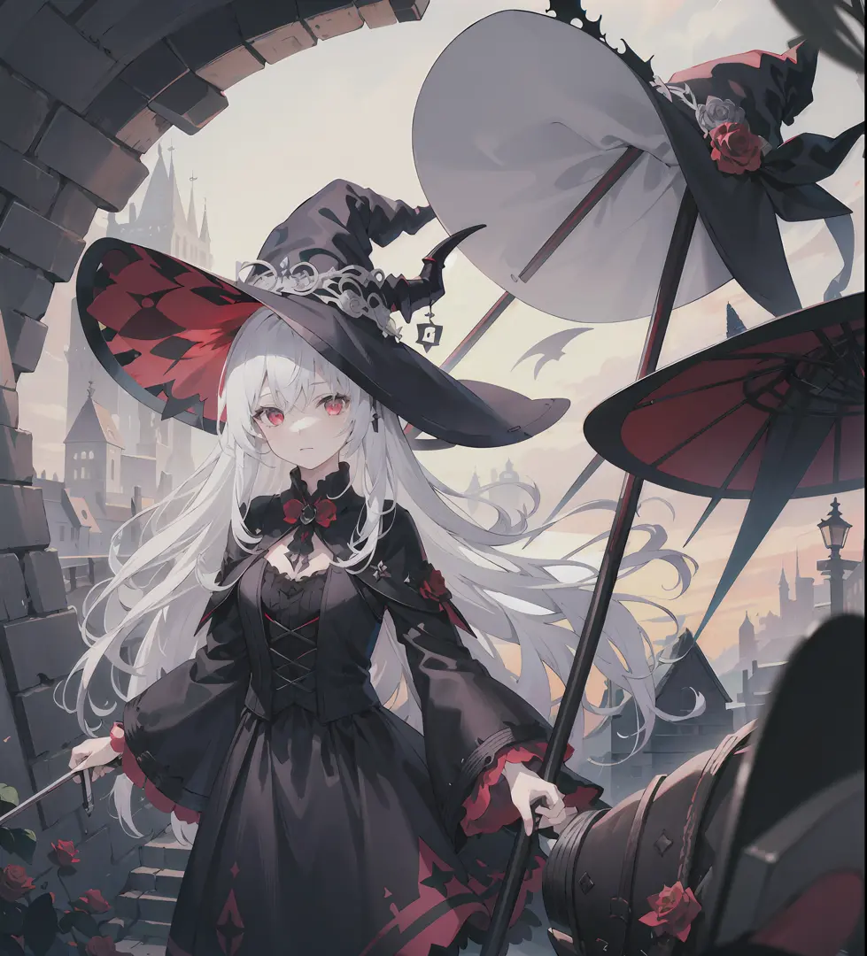 Masterpiece, best quality, 1 girl, witch hat, crutches, white hair, red eyes, demon horn, magic, indifference, darkness, blackening, gothic dress, black rose headdress