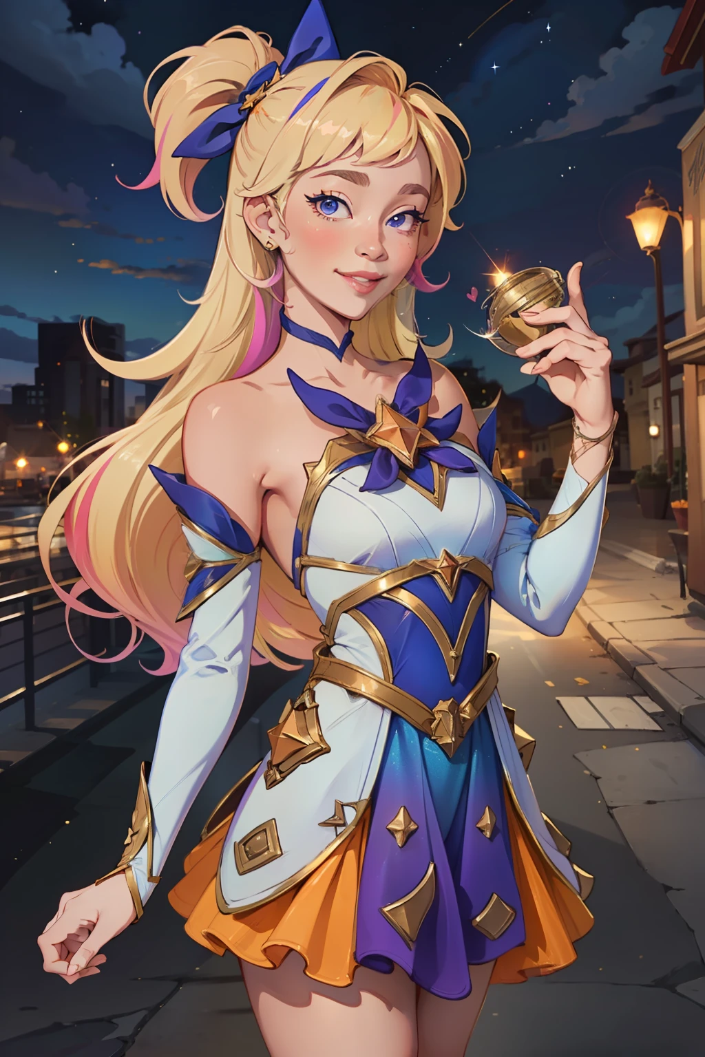 (Masterpiece:1.4), (best quality:1.2), star guardian seraphine, blonde hair, multicolored clothes, dress, hair bow, detached sleeves, smile, closed mounth, upper body, cowboy shot