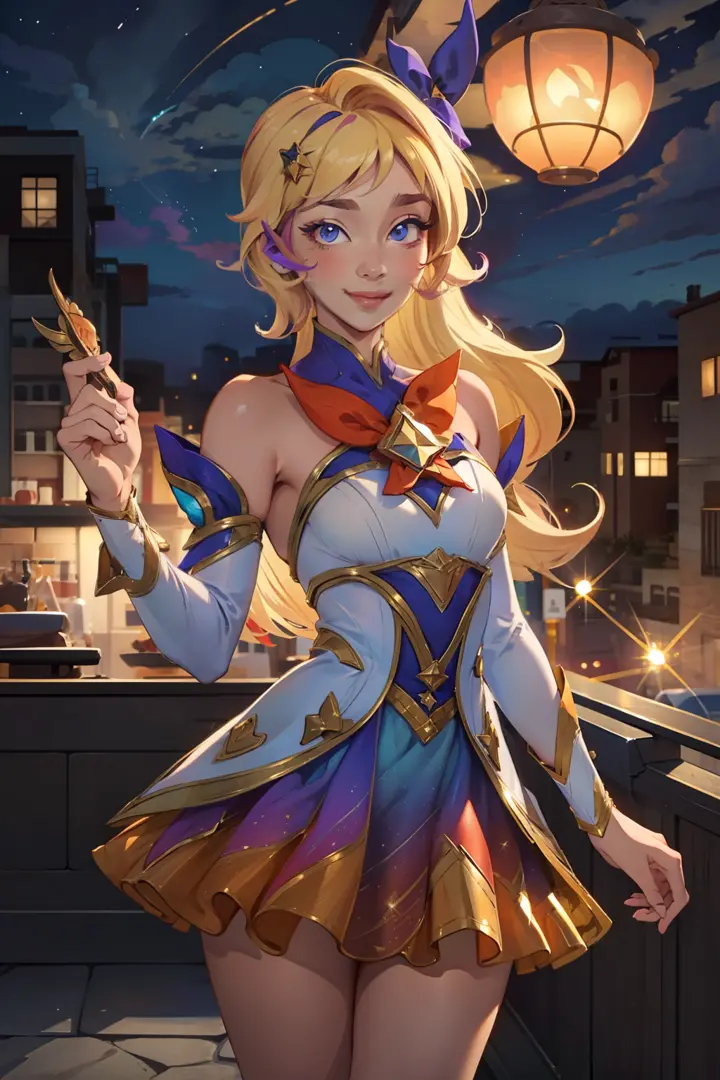 (Masterpiece:1.4), (best quality:1.2), star guardian seraphine, blonde hair, multicolored clothes, dress, hair bow, detached sle...