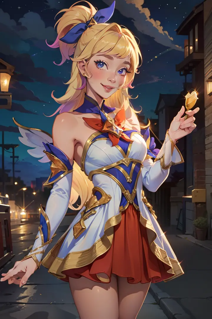 (Masterpiece:1.4), (best quality:1.2), star guardian seraphine, blonde hair, multicolored clothes, dress, hair bow, detached sle...