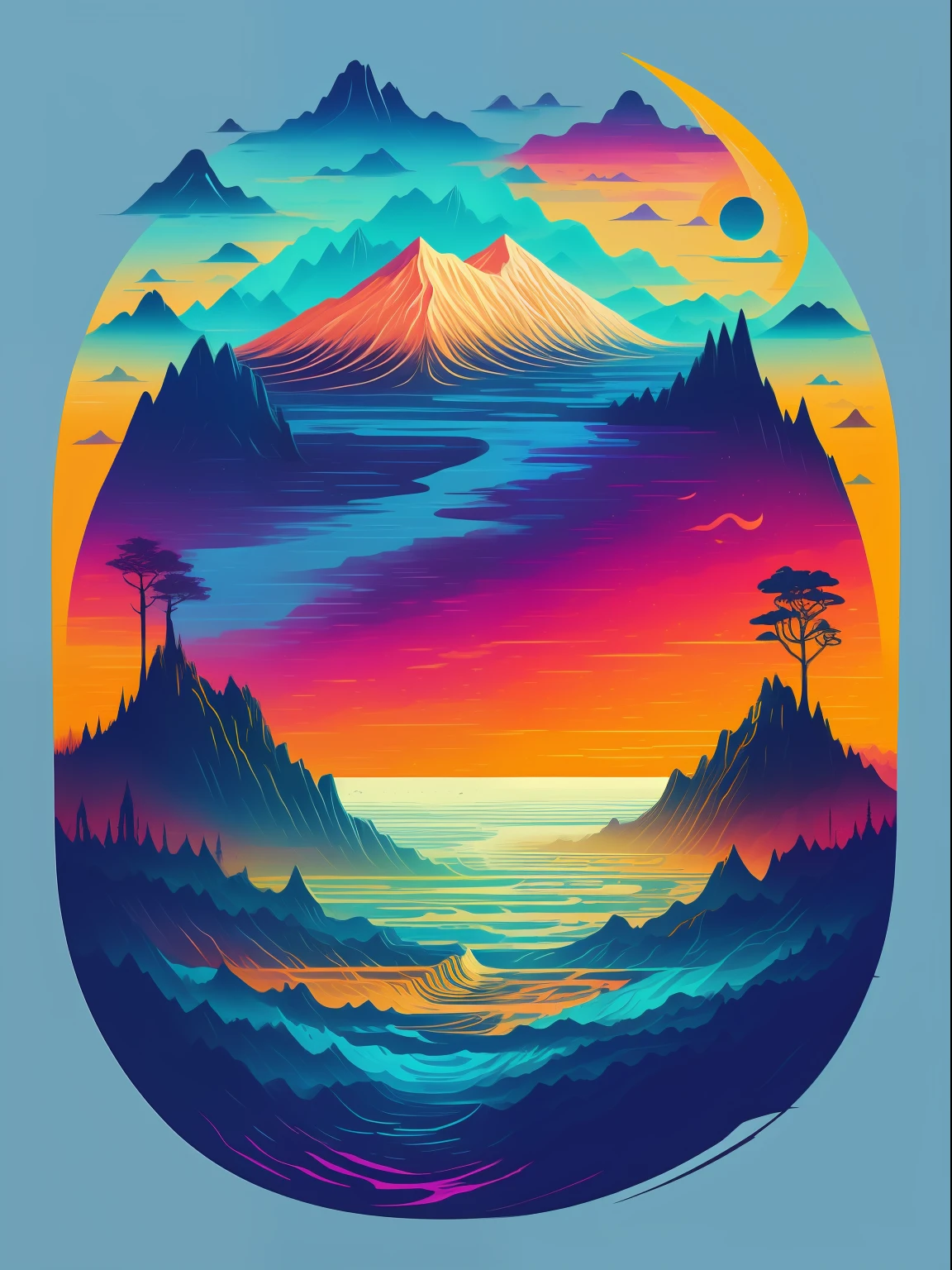 Captivating Landscapes, blending a contemporary artistic style with a sense of adventure and exploration, The artwork captures breathtaking natural landscapes in vivid colors and dynamic compositions, transporting viewers to awe-inspiring destinations.T-shirt design graphic,vector ,contour ,white background