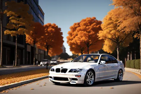 (bmw m3), white, car parked on a street covered with leaves in autumn in a (city:1.3), fall, global illumination, volumetric lig...