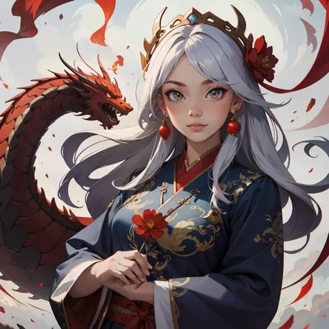 1girl, liuyun, fire ball, long hair, floating hair, hair flower, eastern dragon, red and white, upper body, looking at viewer,