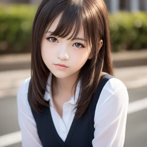 (best quality, masterpiece), 1girl,beautiful girl, cute, elementary school student, small, shy, blush, Japan schoolgirl uniform, cleavage, light background, upper body, jade eyes, very long black hair, bangs, lolita, very detailed face and skin texture, re...
