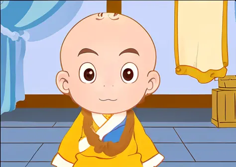 cartoon of a baby in a yellow robe sitting on the floor, aang, avatar aang, monk clothes, inspired by chen daofu, monk, inspired...