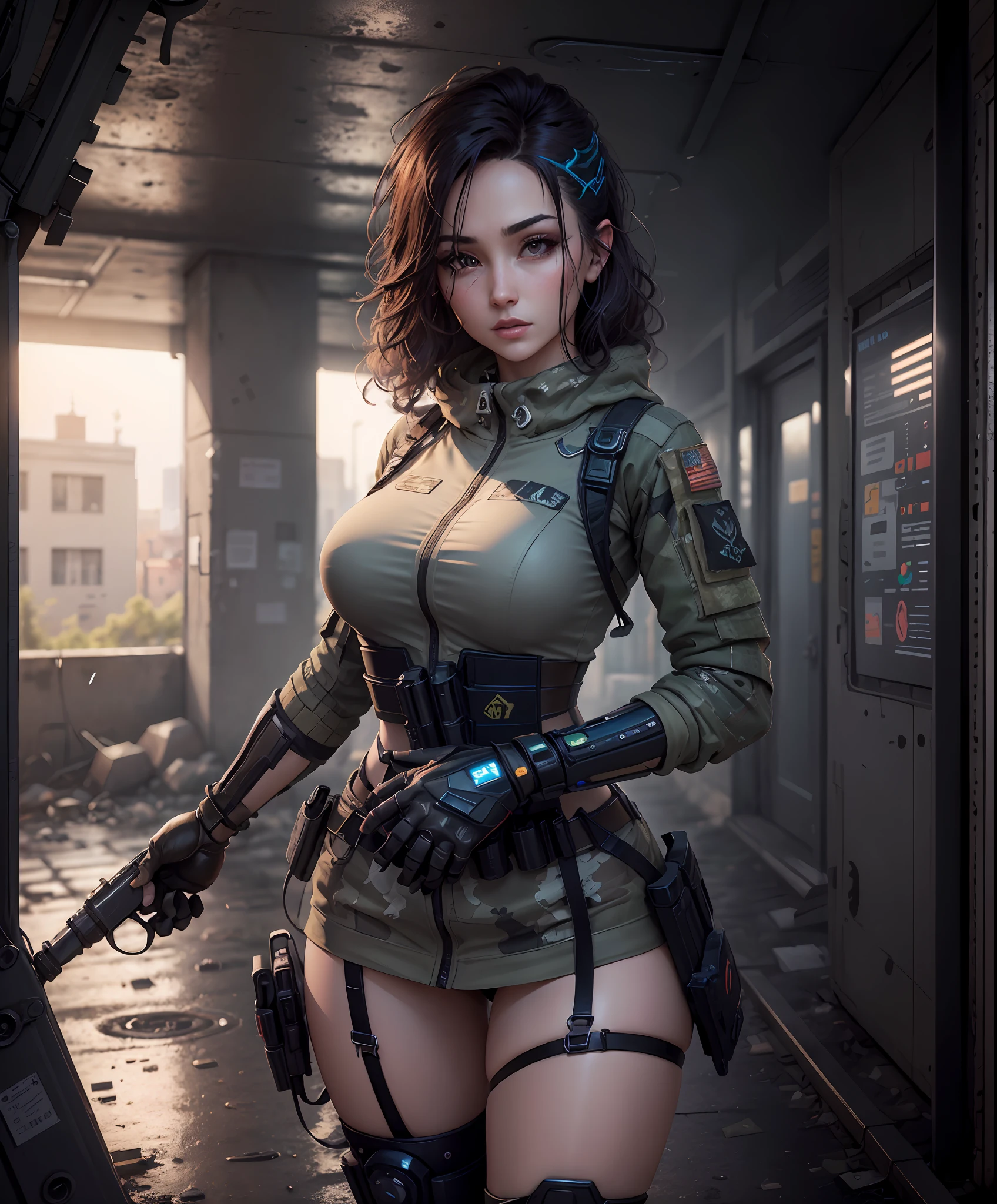 ((Best Quality)), ((Masterpiece)), (High Detail:1.3), 3D, Machine gun in hand, Beautiful (Cyberpunk:1.2) 5 Special Forces, Robbot, Woman with Thick and Fluffy Hair (camouflage_uniform:1.1), Bulletproof Vest, Raincoat, Digital (Camouflage: 1.3), HDR (High Dynamic Range), Ray Tracing, NVIDIA RTX, Ultra High Resolution, Unreal 5, Subsurface Scattering, PBR Texture, Post-processing, Anisotropic filtering, Depth of field, Maximum sharpness and sharpness, Multi-layer textures, Albedo and reflection maps, Surface shading, Accurate simulation of light-material interactions, Ideal ratio, Octane rendering, Two-color illumination, Large aperture, Low ISO, White balance, Rule of thirds, 8K RAW, Effective subpixels, Subpixel convolution,