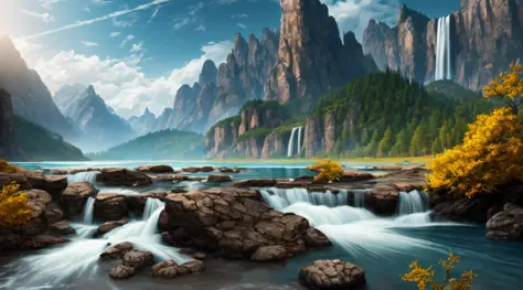 Masterpiece, best quality, high quality, extremely detailed CG unity 8k wallpaper, landscape, outdoor, sky, cloud, sky, no humans, mountain, landscape, water, tree, blue sky, waterfall, cliff, nature, lake, river , cloudy skies, award winning photography, ...
