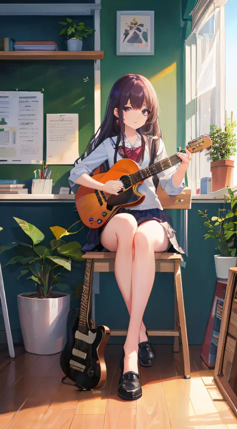 masterpiece, best quality, high resolution, solo, purple eyes, kahuka 1, guitar, musical instrument, 1 girl, solo, plant, cat, p...