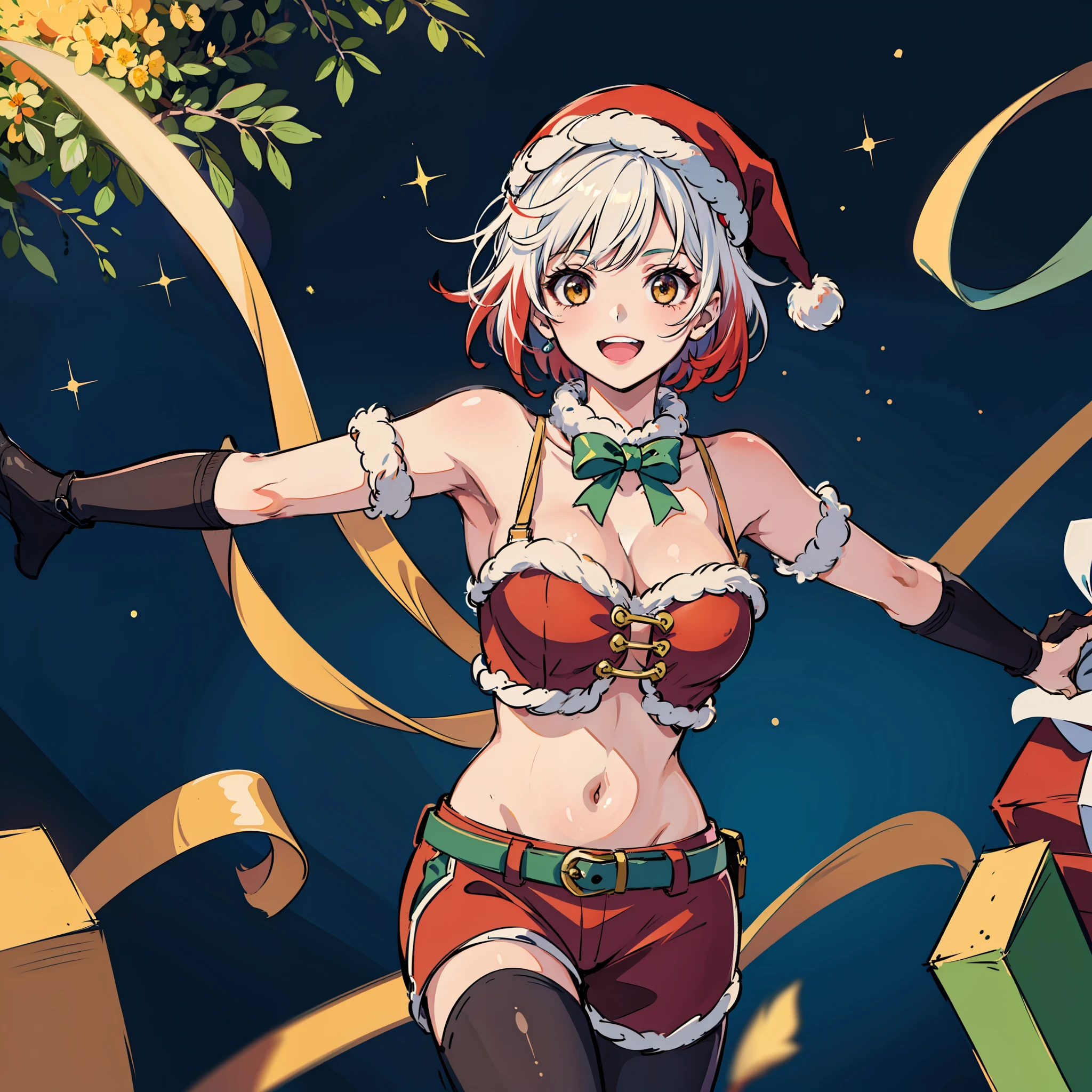 masterpiece, Best Quality, Absurdity, Perfect Anatomy,Only One Girl, Pascal Tales, Short Hair, Santa Claus Costume,Cleavage,Navel,Breasts,Frolicking,Looks Happy,Smiling,Flying in the Night Sky