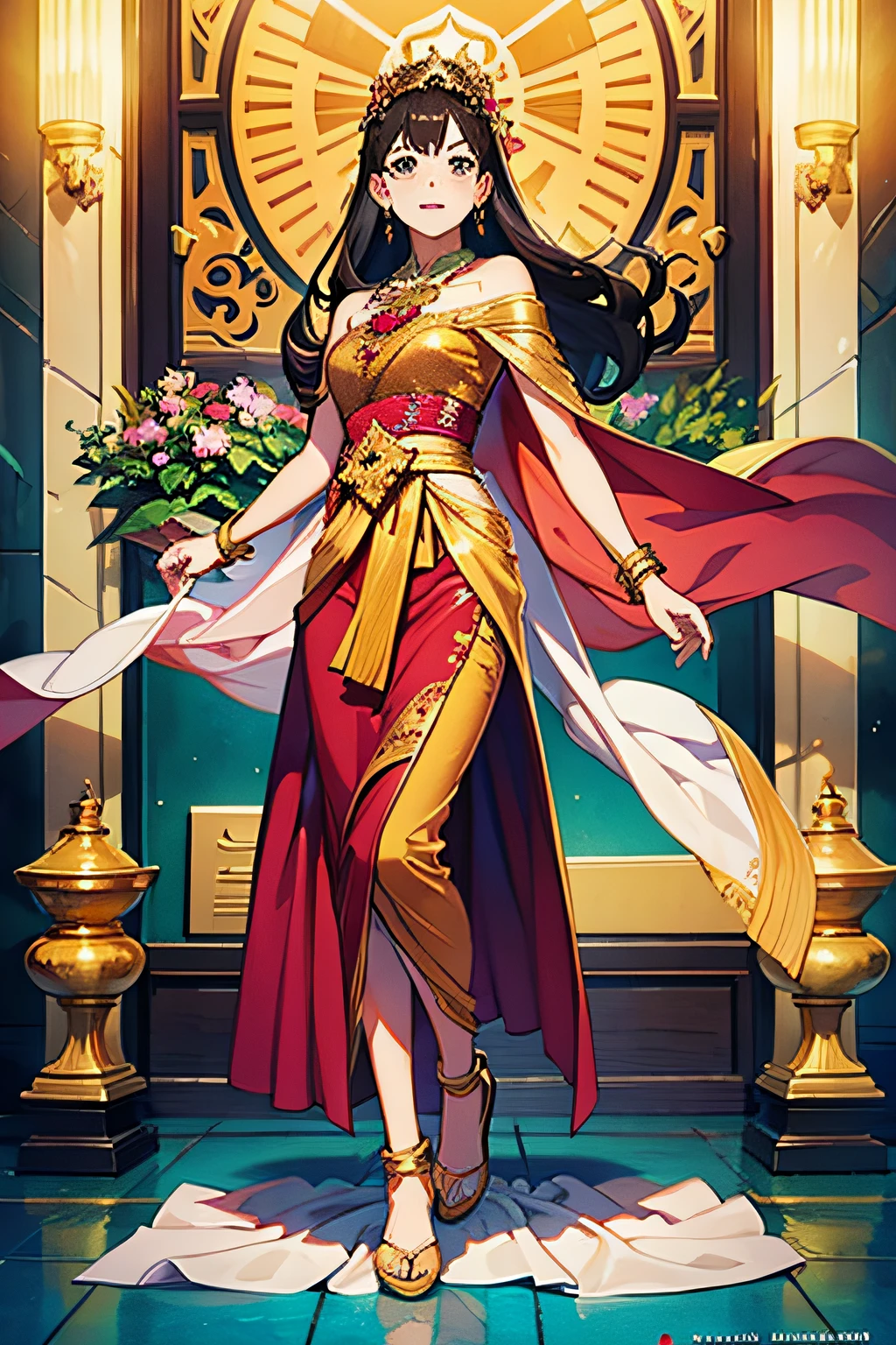 (anime style),(raw photo:1.2),official art,(extremely detailed CG:1.2), (masterpiece:1.2), (best quality:1.2),looking at viewer,(full body)
,(1girl),(long hair),standing,(thai tradition dress:1.05),pink dress,dynamic pose,(tradition shoulder shawl),((brown skirt)),(golden jewelry),
, pureerosface_v1