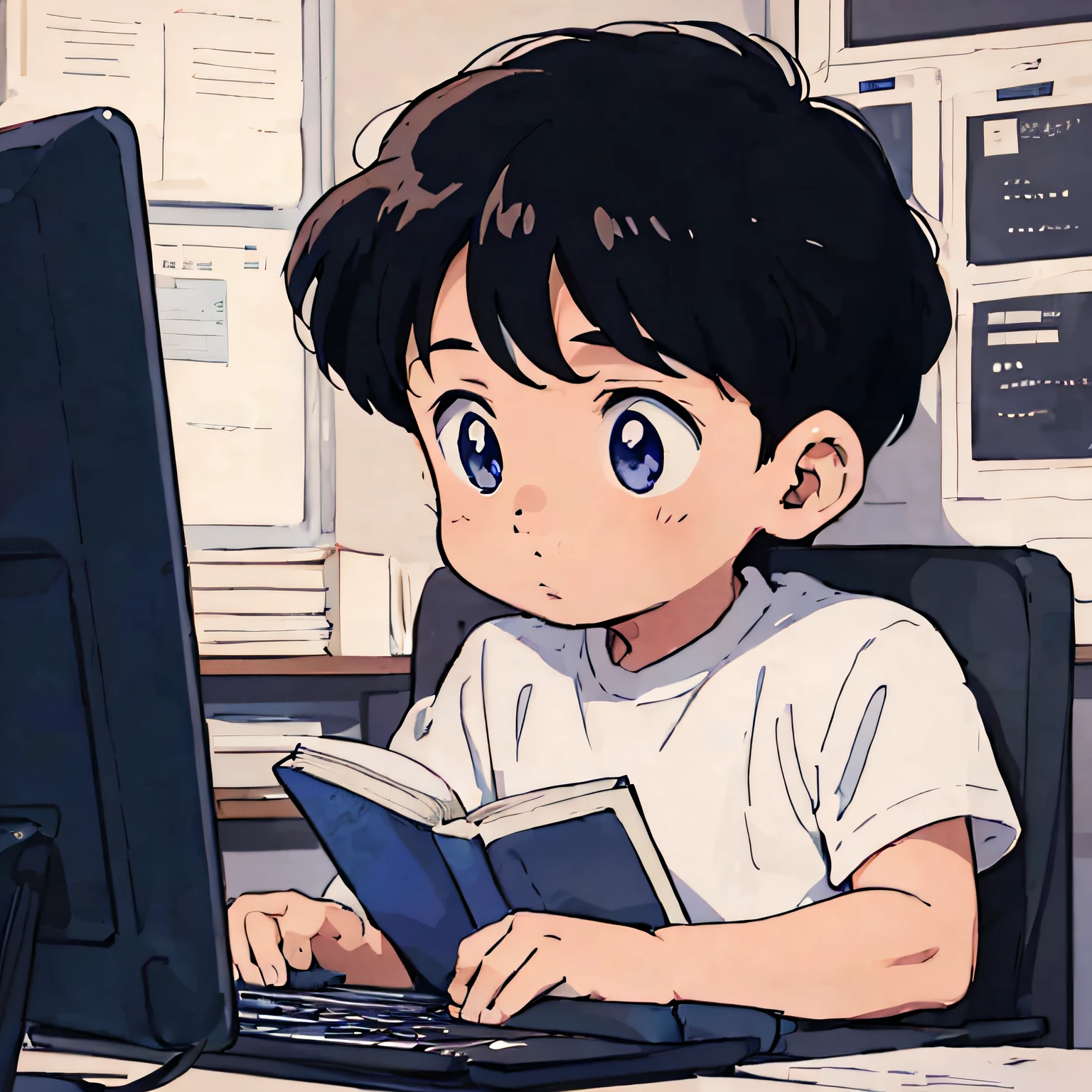 menino anime sitting at a desk with a computer and a book, Estilo Lofistyle, no estilo artístico do anime dos anos 80, no estilo anime, em estilo anime, high quality Estilo de arte de anime, Ilustração digital de anime, Estilo de arte de anime, Estilo de animação japonesa, estética de anime, Estudo, Estilo de arte anime, menino anime, imagem de anime, Estilo Lofi