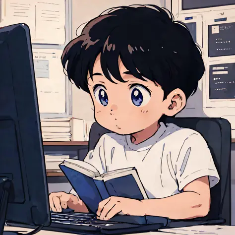anime boy sitting at a desk with a computer and a book, lofi artstyle, in the art style of 8 0 s anime, in anime style, in an an...