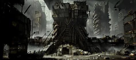 ((Best Quality)), ((Masterpiece)), (Very Detailed: 1.3), ((View of a Huge Dystopian Sprawling City)), Layers of Buildings Block ...