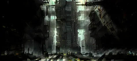 ((Best Quality)), ((Masterpiece)), (Very Detailed: 1.3), ((View of a Huge Dystopian Sprawling City)), Layers of Buildings Block ...