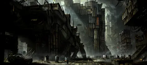 ((best quality)), ((masterpiece)), (very detailed: 1.3), ((view of a huge dystopian sprawling city)), layers of buildings block ...