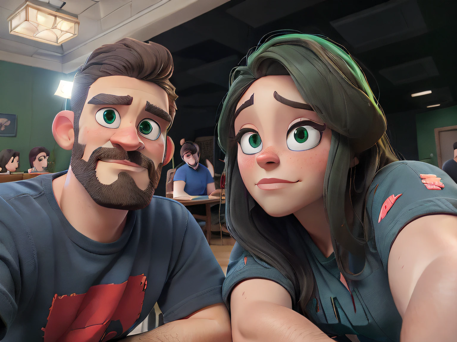 There's a green-eyed man with a thin beard, and a green-eyed woman with long dark hair, sitting at a desk, 8K selfie photography, post 4k, night!