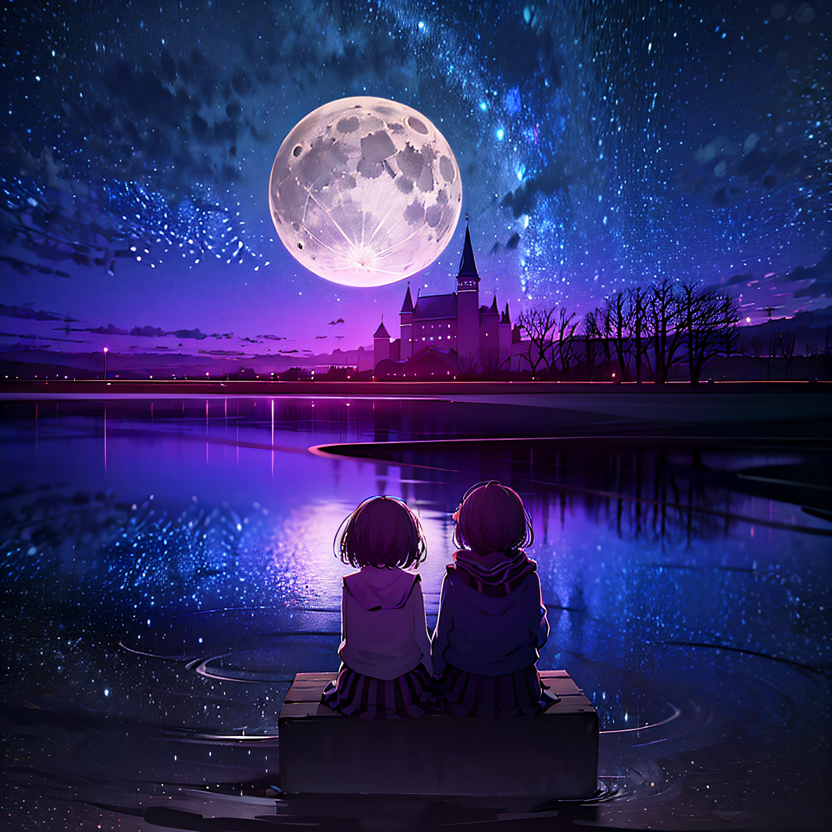 On a dark night, the full moon hangs high in the sky. (In the distance, two girls sit side by side on the prairie). Their gaze focuses on the night sky, with a castle in the distance, and a river (vista 1.3). Ultra-Wide Angle