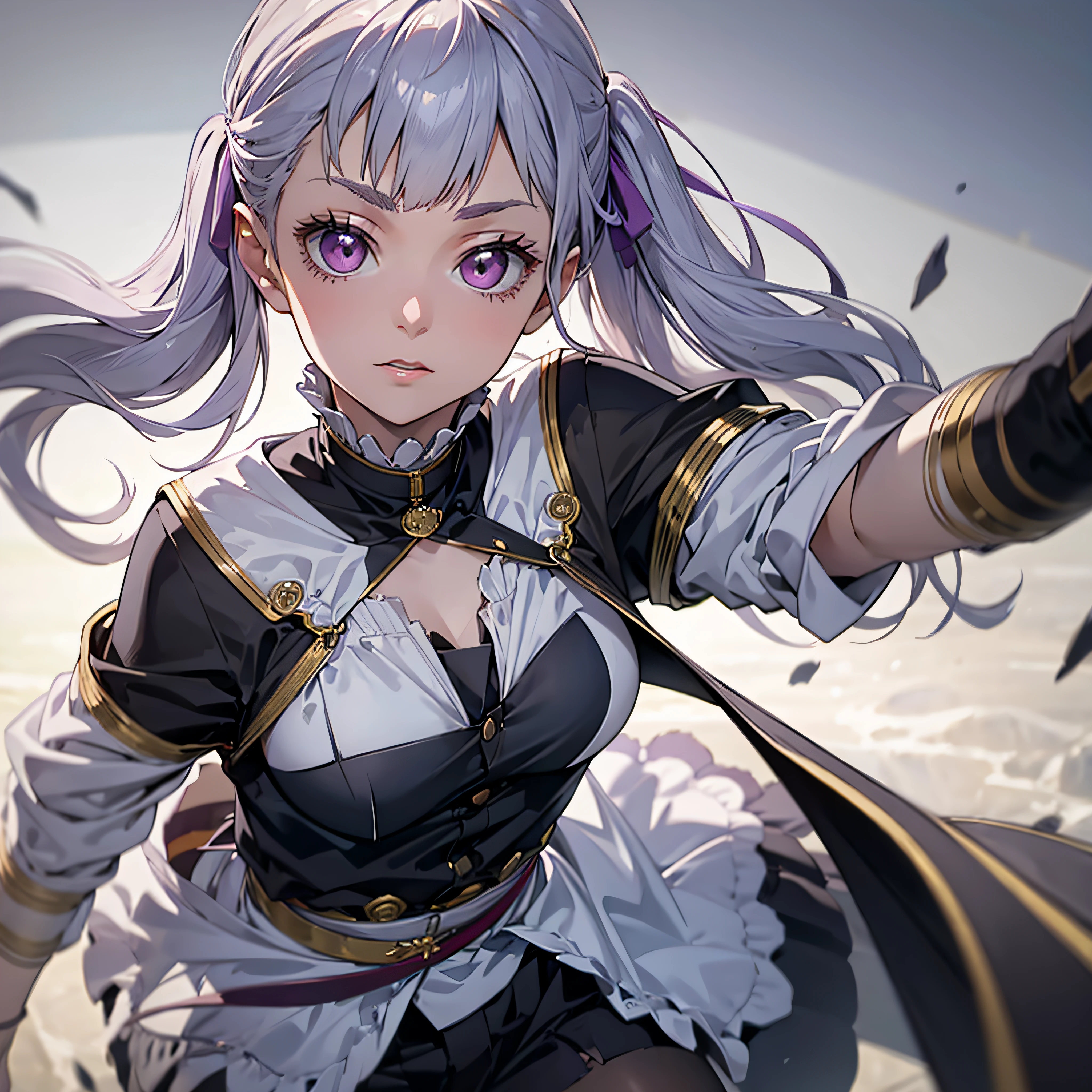 Twin Tails,Purple Eyes,Silver Hair, Bangs, One Girl, Solo, Gray Background, Masterpiece, 8K, Best Quality, Ultra Detailed, High Resolution