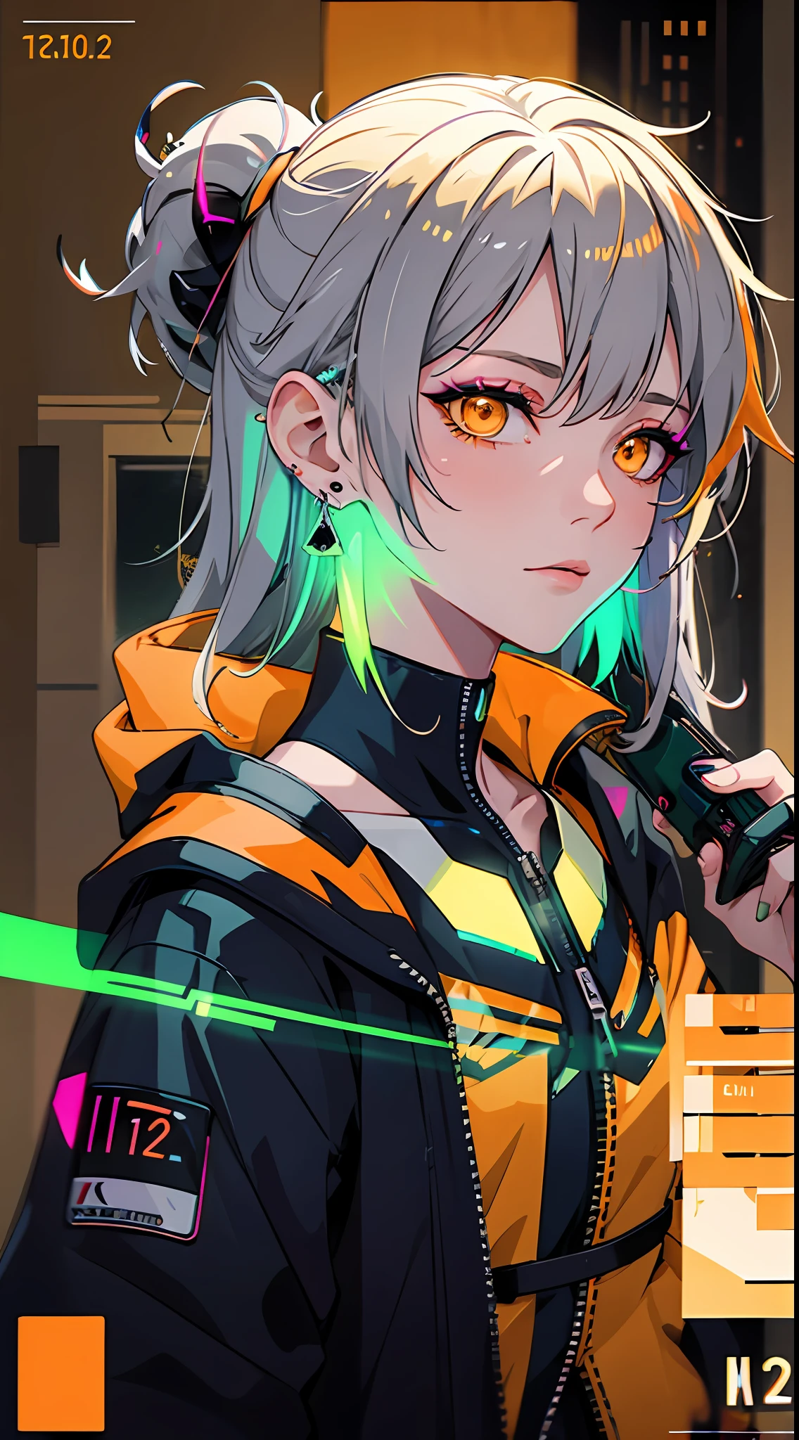 (masterpiece, best quality, night:1.4), (cowboy shot, silver hair:1.9), 8k, absurdres, beautiful girl, (wearable computer:1.4), cyberpunk, cyber goth, (cyberpunkoutfit, fluorescence green accent, glowing green lines on short jacket:1.5), neon, bracelets and choker, (glowing, glow, film grain, chromatic aberration:2), (asian shopping district, street, buildings, skyscraper:1.2), makeup, (yellowish orange earrings:1.4), orange eyes, sharp focus, dark background, perspective, depth of field, (very small mechanical device, rain, HDR, facelight, sharp focus, dynamic lighting, cinematic lighting, professional shadow, extreme detailed, finely detail, real skin:0.8), (detailed eyes, sharp pupils, realistic pupils, dark back ground:0.6), (glitch effect:0.8)