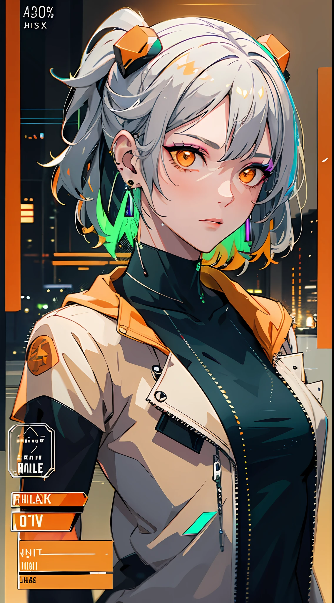 (masterpiece, best quality, night:1.4), (cowboy shot, silver hair:1.9), 8k, absurdres, beautiful girl, (wearable computer:1.4), cyberpunk, cyber goth, (cyberpunkoutfit, fluorescence green accent, glowing green lines on short jacket:1.5), neon, bracelets and choker, (glowing, glow, film grain, chromatic aberration:2), (asian shopping district, street, buildings, skyscraper:1.2), makeup, (yellowish orange earrings:1.4), orange eyes, sharp focus, dark background, perspective, depth of field, (very small mechanical device, rain, HDR, facelight, sharp focus, dynamic lighting, cinematic lighting, professional shadow, extreme detailed, finely detail, real skin:0.8), (detailed eyes, sharp pupils, realistic pupils, dark back ground:0.6), (glitch effect:0.8)