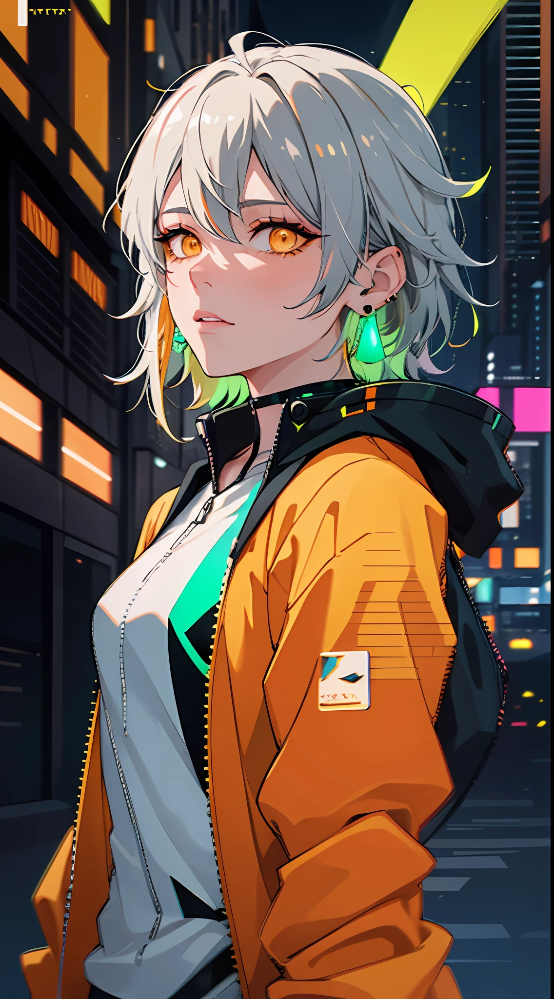 (masterpiece, best quality, night:1.4), (cowboy shot, silver hair:1.9), 8k, absurdres, beautiful girl, (wearable computer:1.4), cyberpunk, cyber goth, (cyberpunkoutfit, fluorescence green accent, glowing green lines on short jacket:1.5), neon, bracelets and choker, (glowing, glow, film grain, chromatic aberration:2), (asian shopping district, street, buildings, skyscraper:1.2), makeup, (yellowish orange earrings:1.4), orange eyes, sharp focus, dark background, perspective, depth of field, (very small mechanical device, rain, HDR, facelight, sharp focus, dynamic lighting, cinematic lighting, professional shadow, extreme detailed, finely detail, real skin:0.8), (detailed eyes, sharp pupils, realistic pupils, dark back ground:0.6), (glitch effect:0.8)