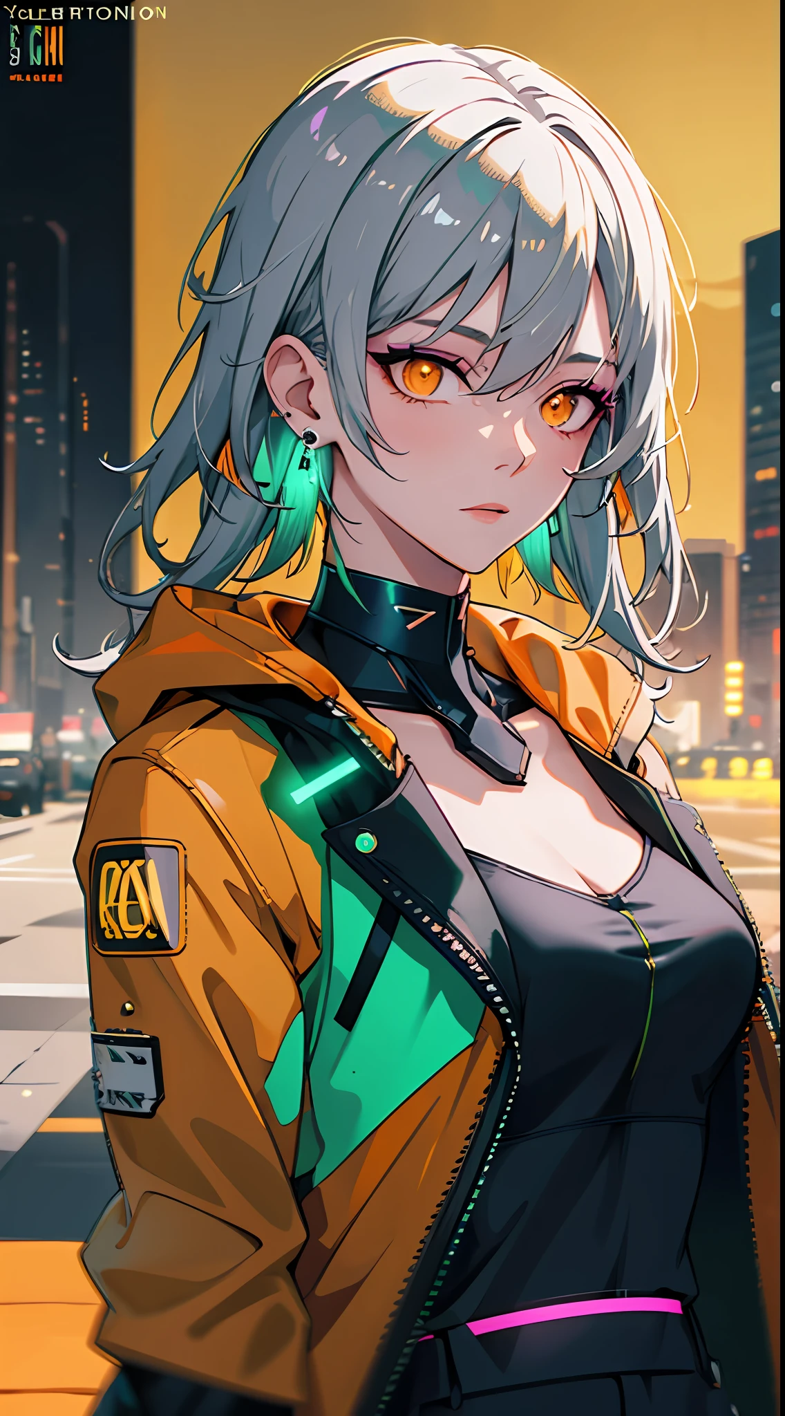 (masterpiece, best quality, night:1.4), (cowboy shot, silver hair:1.9), 8k, absurdres, beautiful girl, (wearable computer:1.4), cyberpunk, cyber goth, (cyberpunkoutfit, fluorescence green accent, glowing green lines on short jacket:1.5), neon, bracelets and choker, (glowing, glow, film grain, chromatic aberration:2), (asian shopping district, street, buildings, skyscraper:1.2), makeup, (yellowish orange earrings:1.4), orange eyes, sharp focus, dark background, perspective, depth of field, (very small mechanical device, rain, HDR, facelight, sharp focus, dynamic lighting, cinematic lighting, professional shadow, extreme detailed, finely detail, real skin:0.8), (detailed eyes, sharp pupils, realistic pupils, dark back ground:0.6), (glitch effect:0.8)