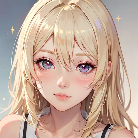 anime girl with blonde hair, Aegyo-sal,  eyebags, makeup, blush, blush nose, glitter makeup on eyes, perfect anime face, semi - realistic anime, detailed anime soft face