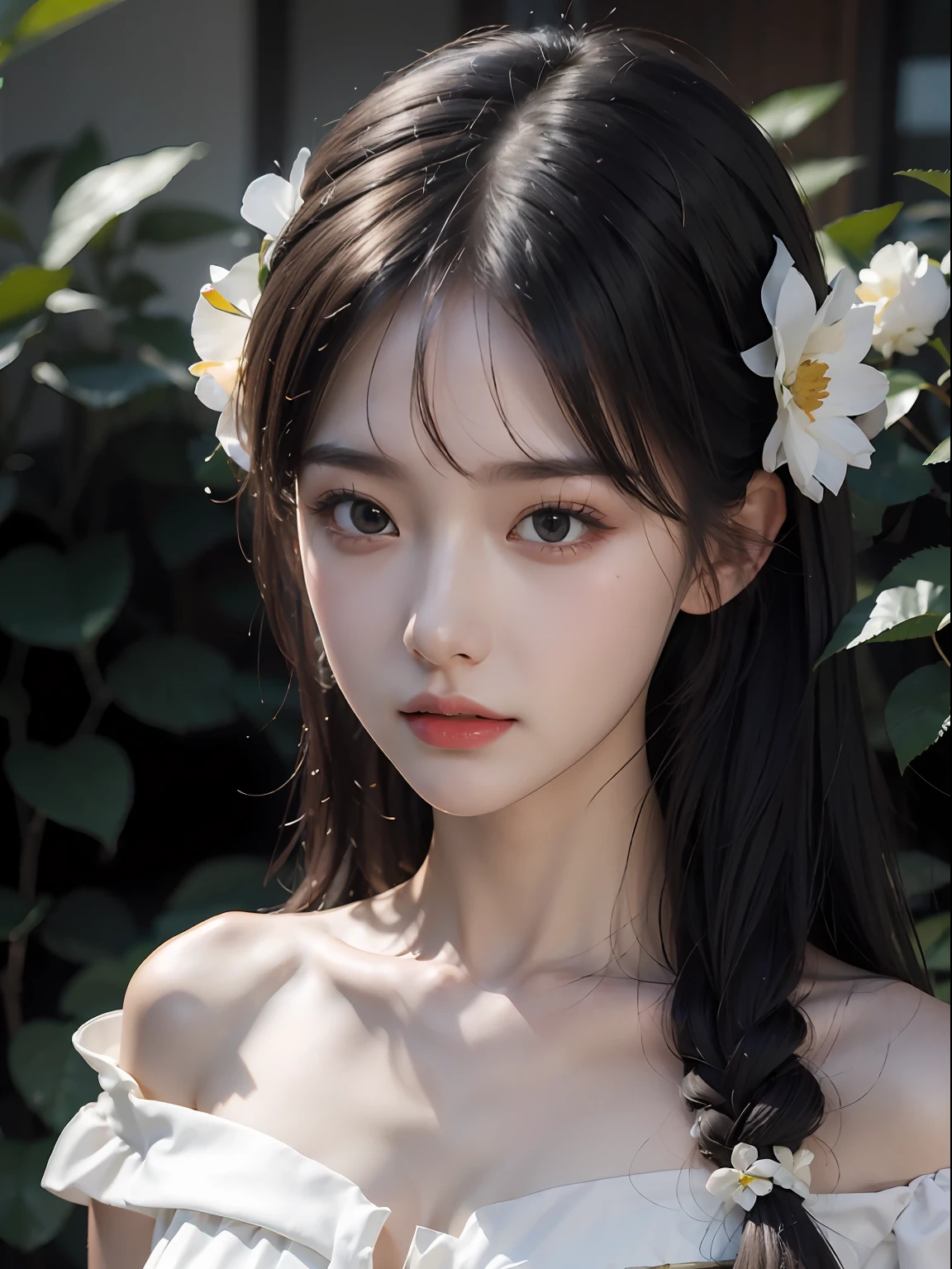 best quality,masterpiece,4k, 1girl,solo,flower,hair ornament,hair flower,closed mouth,looking at viewer,expressionless,white flower,black hair,rose,upper body,bangs,long hair,