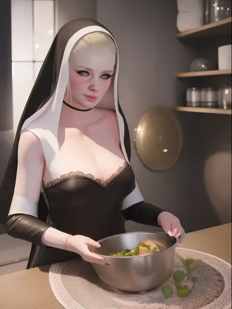 pretty blonde woman , nun veil  , cooking , food ,8k ,realistic