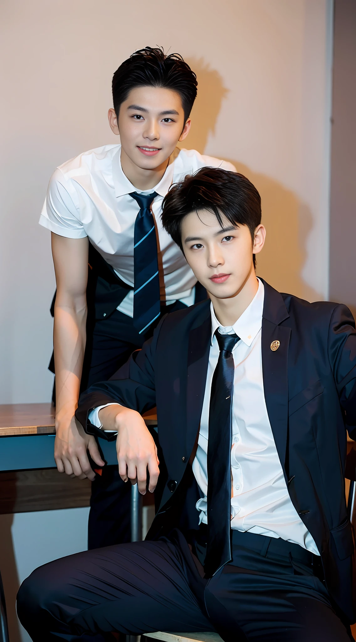 (Handsome Chinese guy: 1.5), two men lying on classroom desk, realistic photo, wearing formal clothes, textured skin, looking at the camera, 18 year old boy, studio, danshi koukousei, model, long legs queer academy, muscle character, perfect shadow body, gigachad muscle, trend in cgstation, hero male pose,