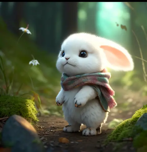 a white rabbit standing in the woods with a scarf on, adorable digital painting, cute detailed digital art, cute forest creature...