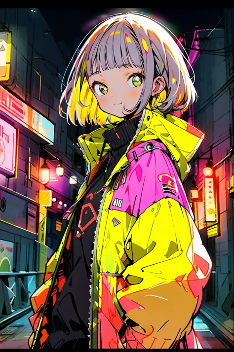 masterpiece, best quality, 1girl, city pop, night, neon light, looking at another, upper body, vector illustration, jacket, ligh...