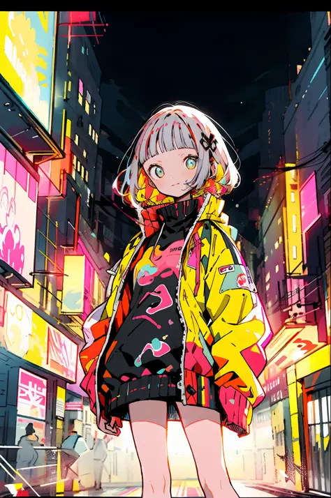 masterpiece, best quality, 1girl, city pop, night, neon light, looking at another, upper body, vector illustration, jacket, ligh...