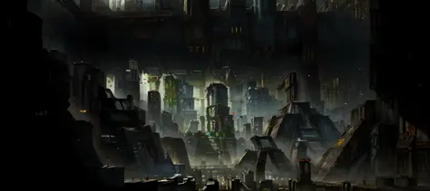 ((Best Quality)), ((Masterpiece)), (Very Detailed: 1.3), ((View of a Huge Dystopian Sprawling City)), Layers of Buildings Block ...